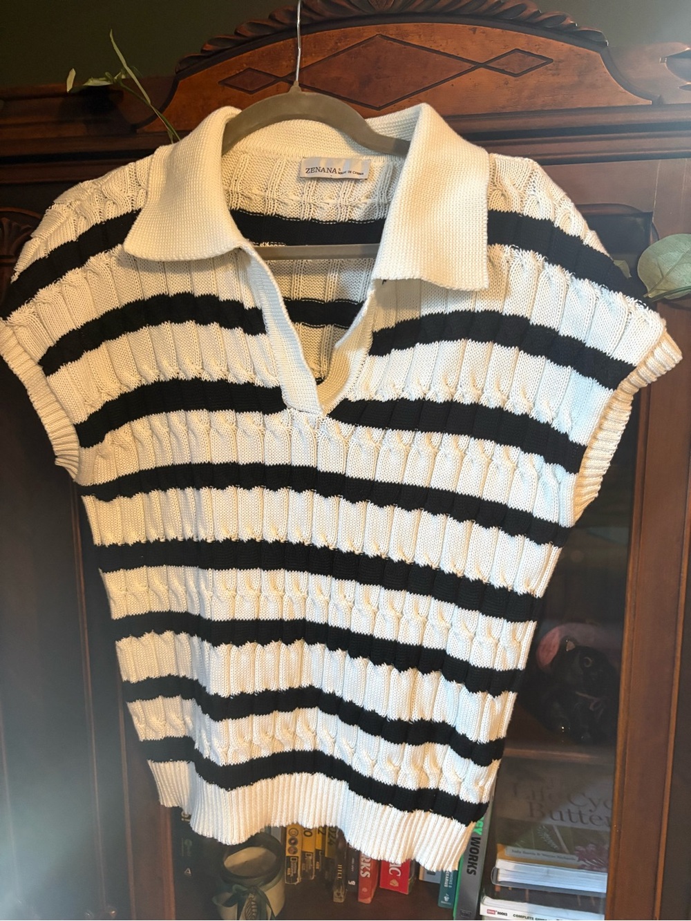 Zenana Outfitters Black and White Striped Knit Polo Tunic
